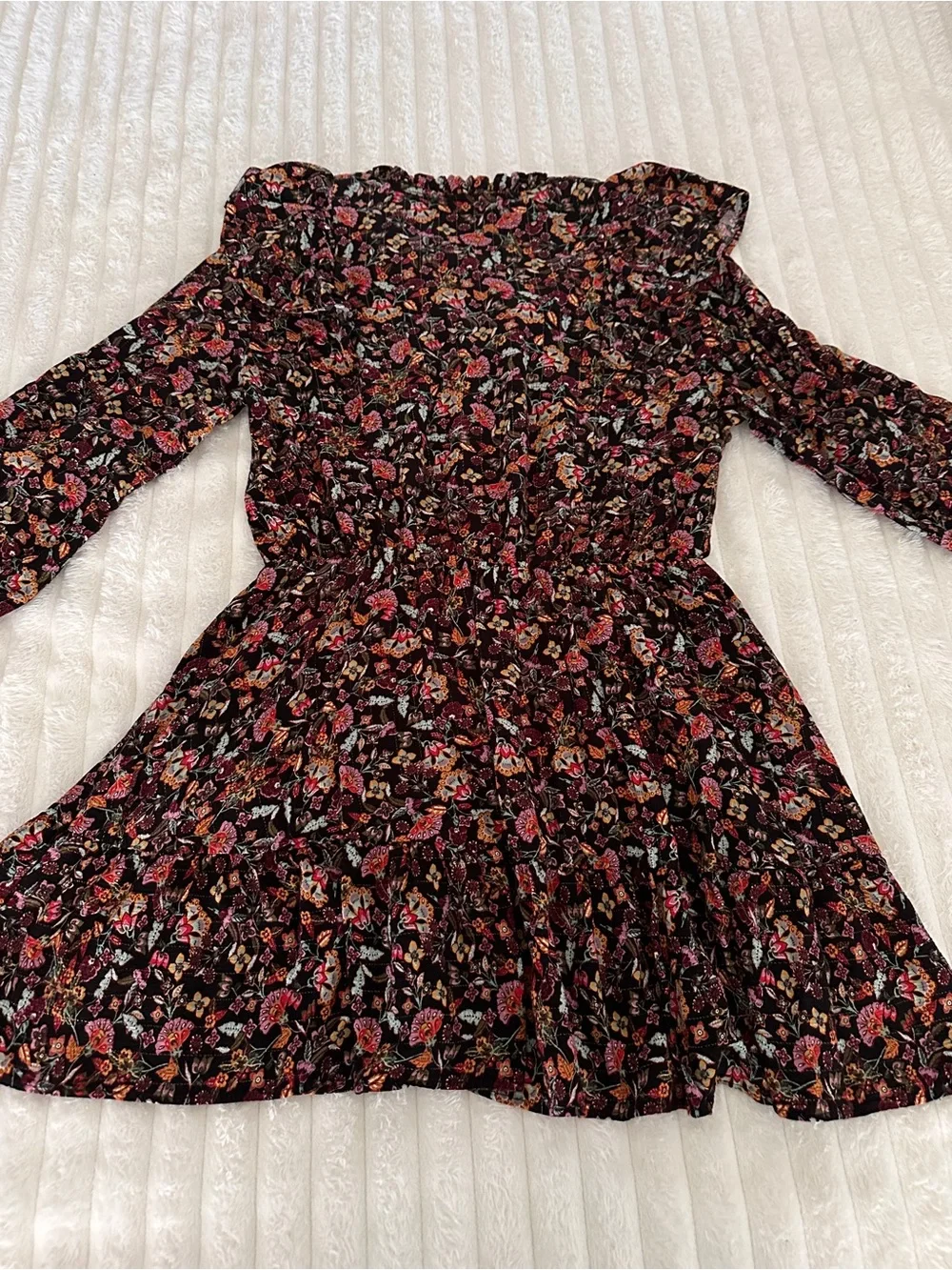 ZARA Black Floral Ruffle Long-Sleeve Mini Dress with Ruffled Collar - Picture 6 of 8